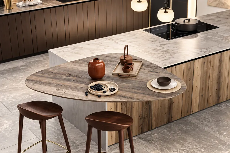 Kitchen island with a curved stone dining counter