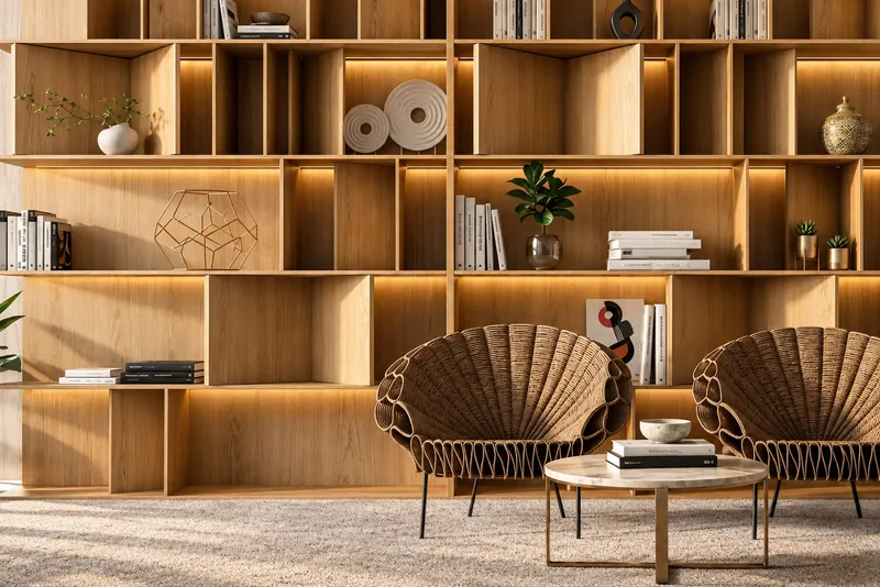 Wood-panelled library wall with woven lounge chairs