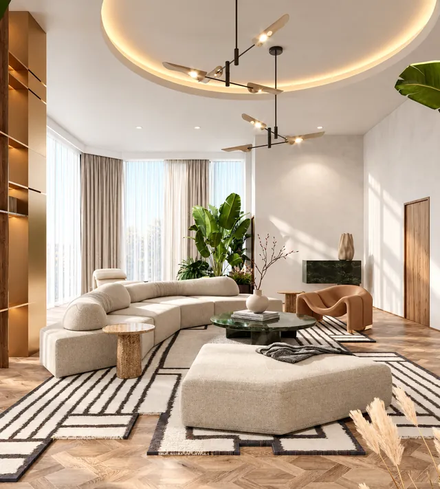 Living room with curved seating and a patterned rug