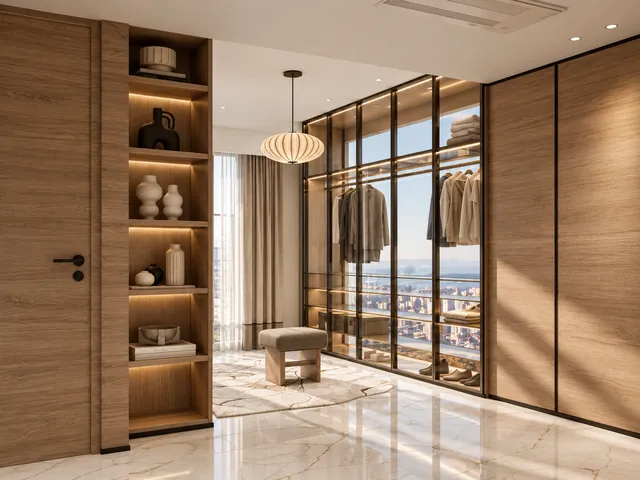Walk-in wardrobe with timber joinery and glass doors