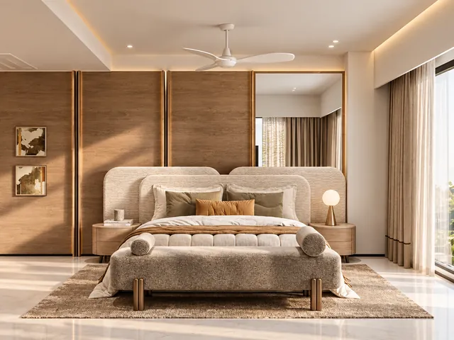 Bedroom with timber wall panelling