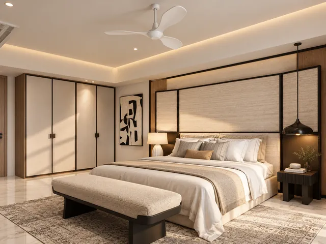 Bedroom with a panelled headboard wall and fitted wardrobes