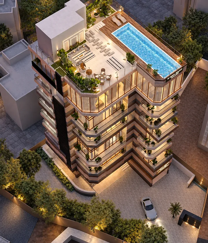 18 Hiral Khushi Palacio, a 10 BHK mansion in Bandra, rising above the palms of Carter Road at dusk