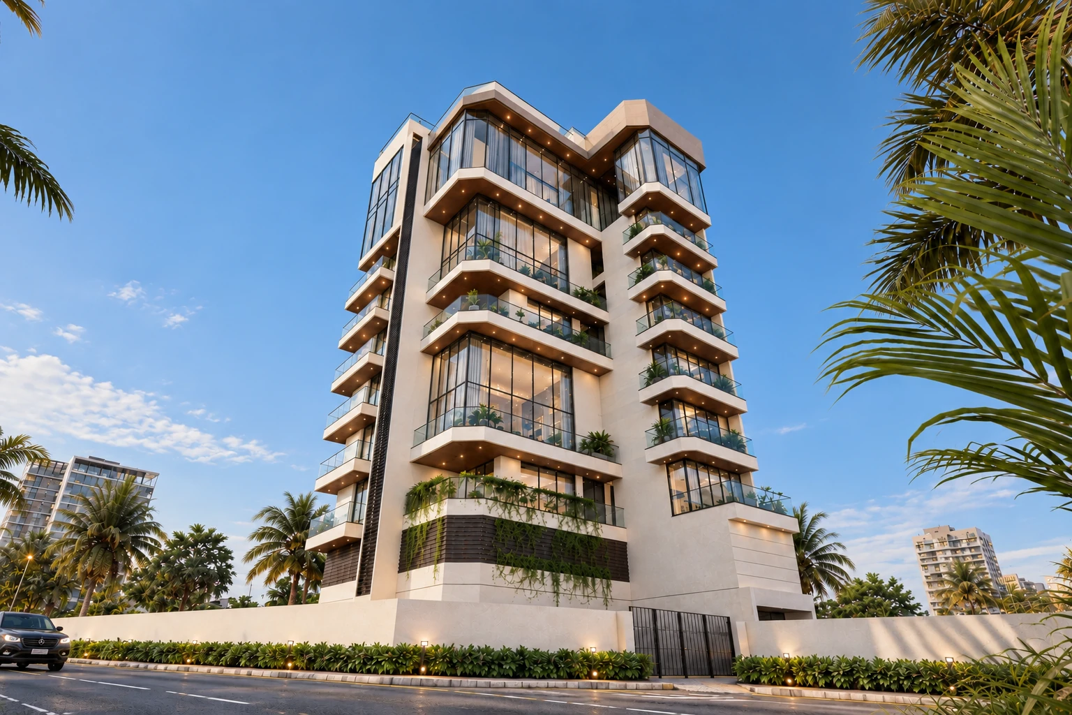 Tropical exterior view of the 18 Hiral Khushi Palacio tower, framed by palm trees on Carter Road